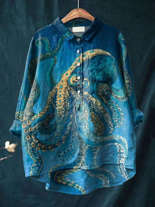 Women's  Octopus Print Casual Cotton And Linen Shirt