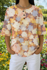 Womens Warm Tone Watercolor Floral Print Casual Waffle Cotton Shirt