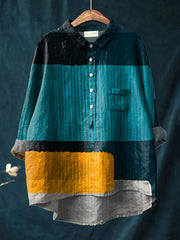 Women's Abstract Simple Color Matching Modern Art Print Casual Cotton And Linen Shirt