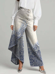 Women's Vintage Ethnic Pattern Print High-waisted Relaxed Fit Wide-leg Jeans With A Stylish Design.