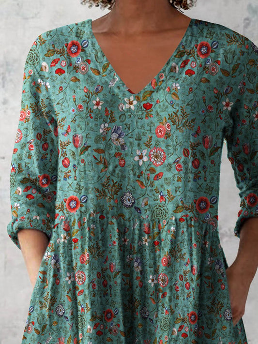 Women's Retro Floral Art Print Casual Cotton And Linen V-neck Top