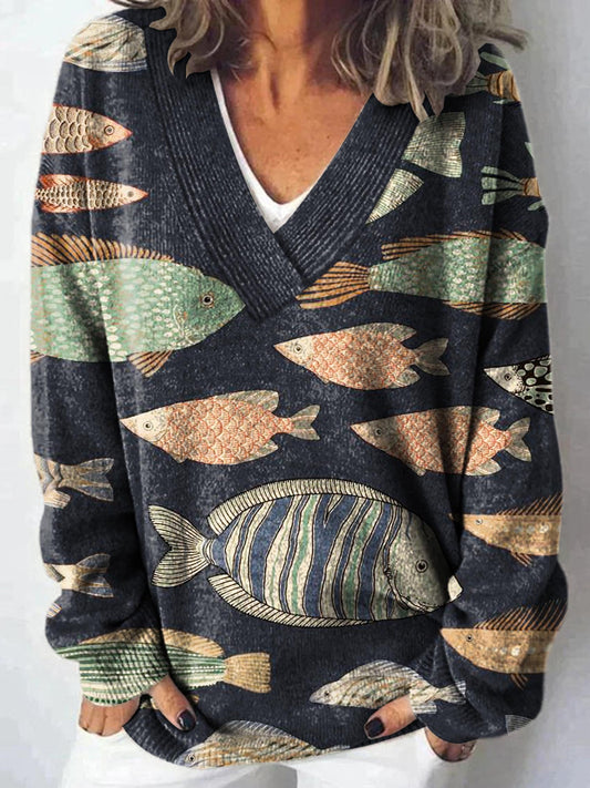 Lovely Fish Art Print Knit V-neck Pullover Sweater