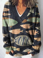 Lovely Fish Art Print Knit V-neck Pullover Sweater