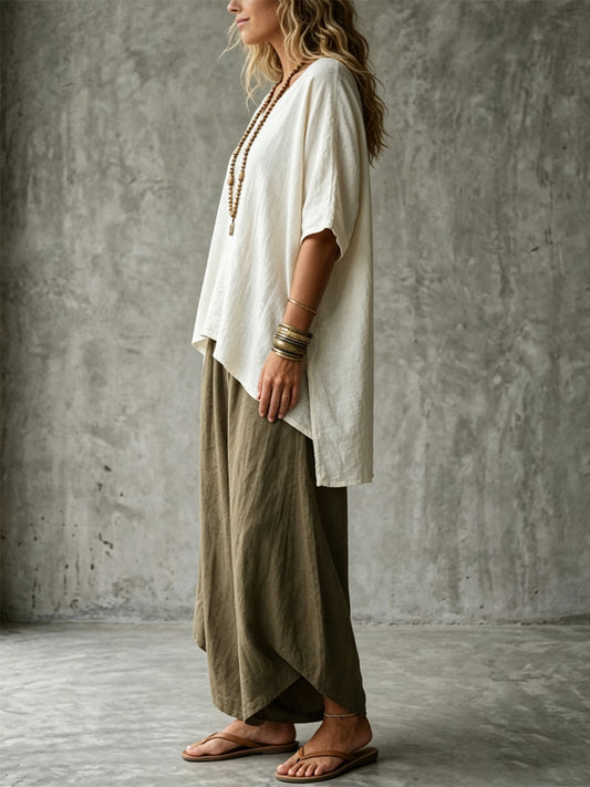 Women's Simple Loose Color-block Simple Cotton-linen Set