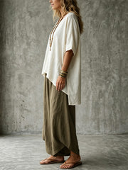 Women's Simple Loose Color-block Simple Cotton-linen Set