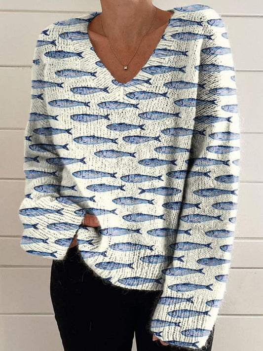 Sardine Fish Swarm Pattern Printed Women's Casual V-Neck Pullover Knit