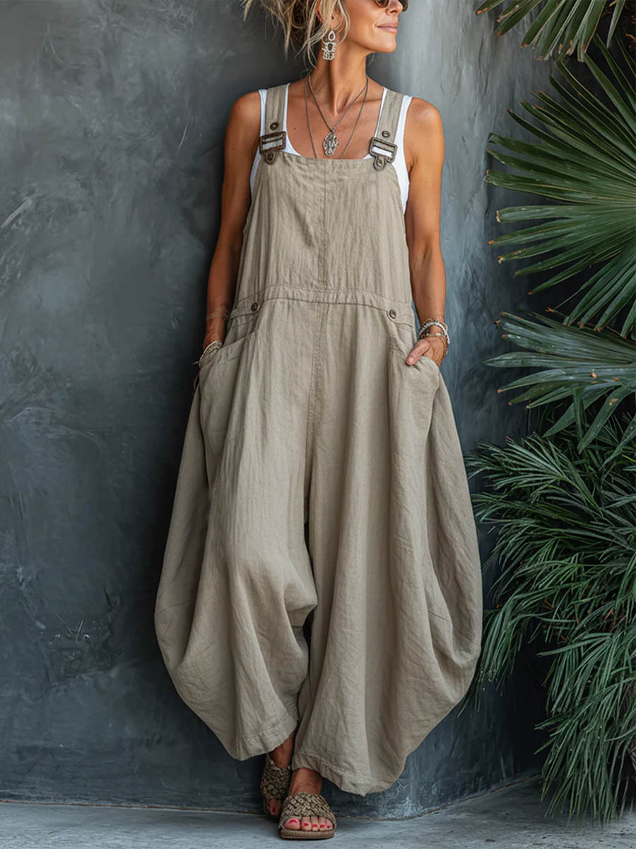 Women's Solid-color Square-neck Sleeveless Casual Loose Cotton-linen Wide-leg Jumpsuit