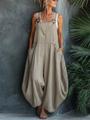 Women's Solid-color Square-neck Sleeveless Casual Loose Cotton-linen Wide-leg Jumpsuit