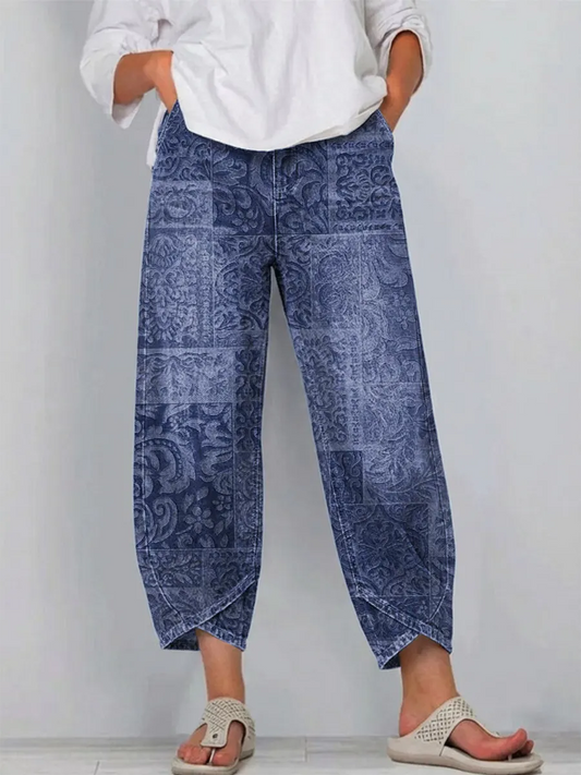 Women's Vintage Floral Pattern Art Print Casual  Denim Pants
