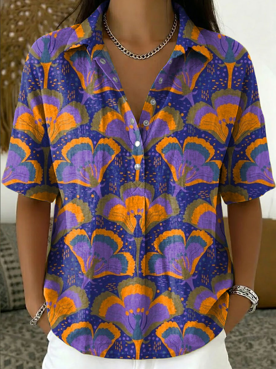 Women's Vintage Botanical Floral Casual Polo Collar Short-sleeved Linen And Cotton Shirt