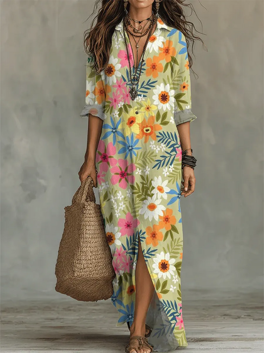 Women's Floral Art Print Casual Long Sleeve Cotton Dress