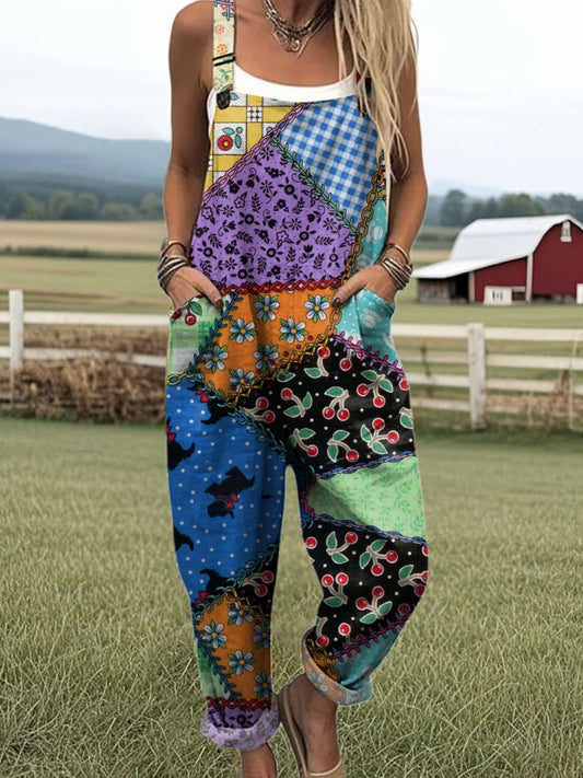 Women's  Patchwork Floral Art Print Casual Cotton Wide Leg Jumpsuit