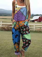 Women's  Patchwork Floral Art Print Casual Cotton Wide Leg Jumpsuit
