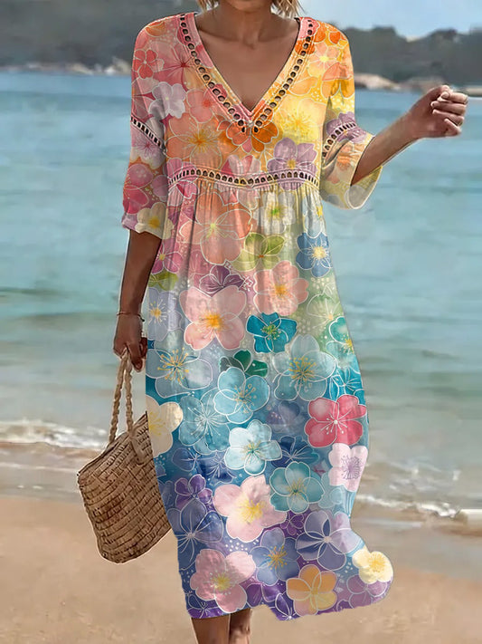 Colorful Floral Print Cutout V-neck Vacation Dress