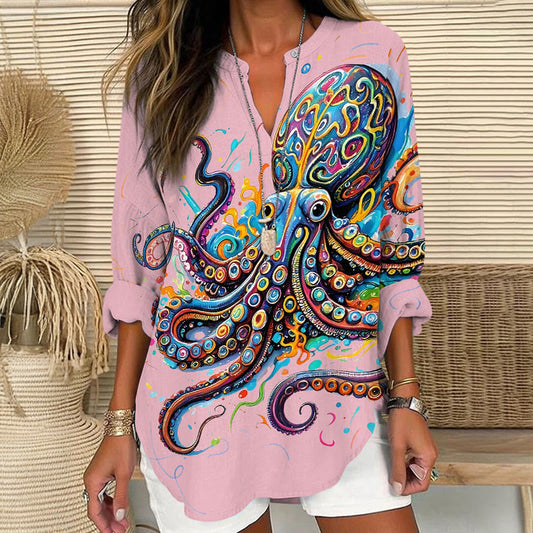 Vintage Rainbow Octopus Art Print V Neck Long Sleeve Blouse