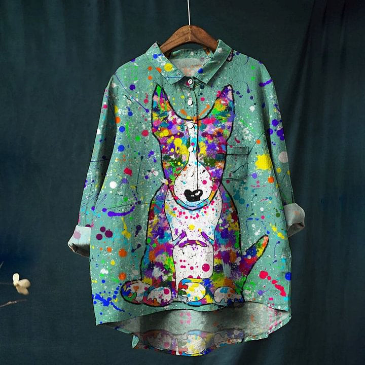 Women's Colorful Graffiti Cute Puppy Art Print Casual Linen Shirt