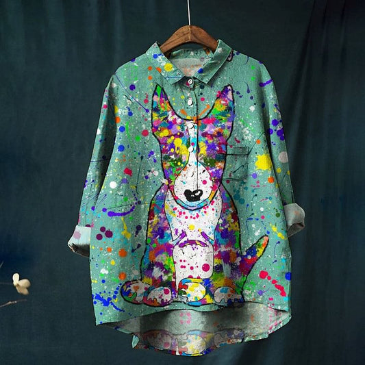 Women's Colorful Graffiti Cute Puppy Art Print Casual Linen Shirt