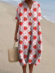 Lovely Strawberry And Floral Pattern Printed Women's Flowy Dress