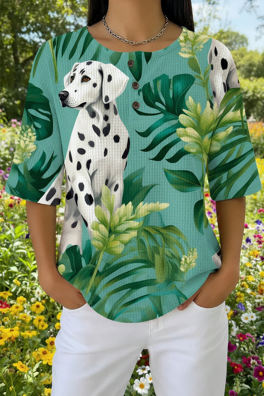 Womens Green Dalmatian Leaf Print Casual Waffle Cotton Shirt