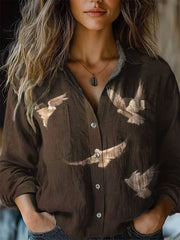 Retro Bird Print Casual Long Sleeve Comfortable Cotton Shirt