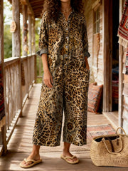 Women's Vintage Bohemian Art Print Casual Washed Cotton linen Denim Jumpsuit