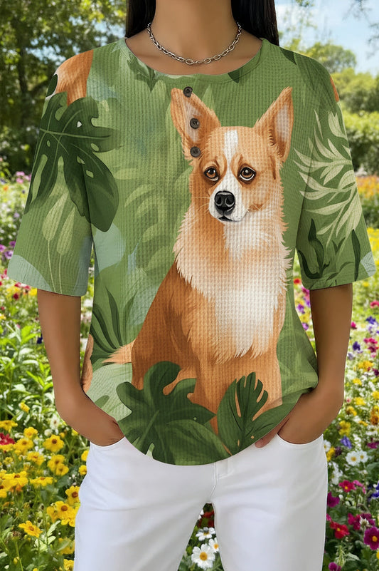 Womens Green Corgi Leaf Print Casual Waffle Cotton Shirt