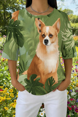 Womens Green Corgi Leaf Print Casual Waffle Cotton Shirt