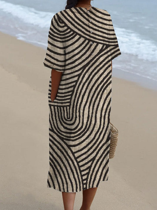 Women's Retro Hand Drawn Geometric Line Print Pocket Linen Dress(Convertible Dress With Front And Back Option)