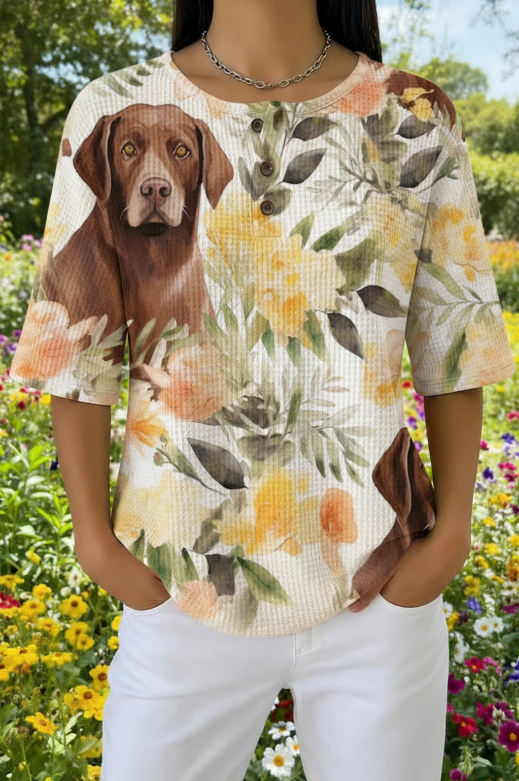Womens Beige Dog Floral Print Casual Waffle Cotton Shirt