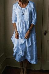 Solid Color Round Neck Casual 3/4 Sleeves Midi Dress
