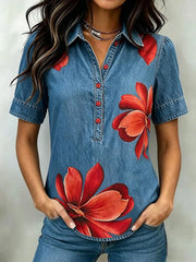 Retro Red Floral Print Denim Collared Shirt