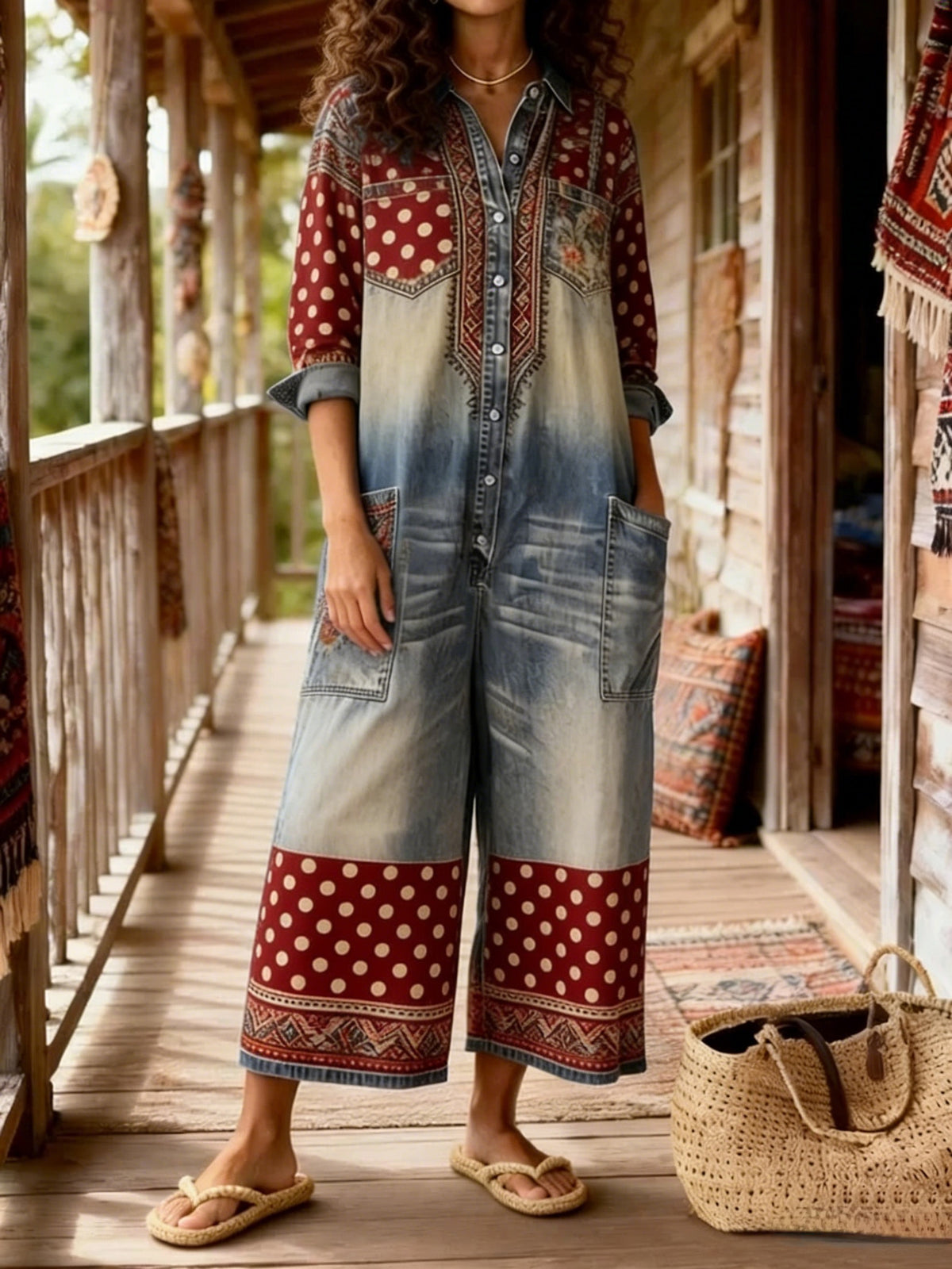 Women's Vintage Bohemian Art Print Casual Washed Cotton linen Denim Jumpsuit
