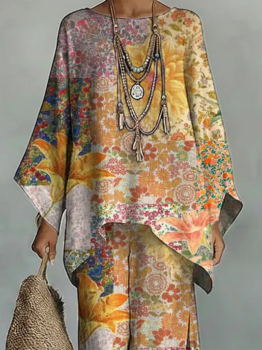 Women's Vintage Floral Art Comfortable Loose Cotton Linen Wide-leg Pants Two-piece Set