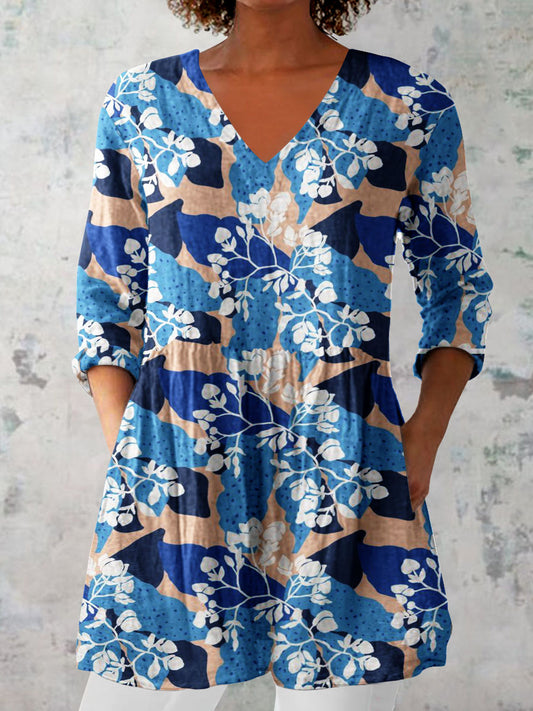 Women's Elegant Floral Pattern V neck Top