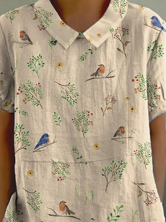 Boughs And Robin Birds Pattern Printed Women's Casual Cotton And Linen Shirt