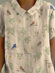 Boughs And Robin Birds Pattern Printed Women's Casual Cotton And Linen Shirt