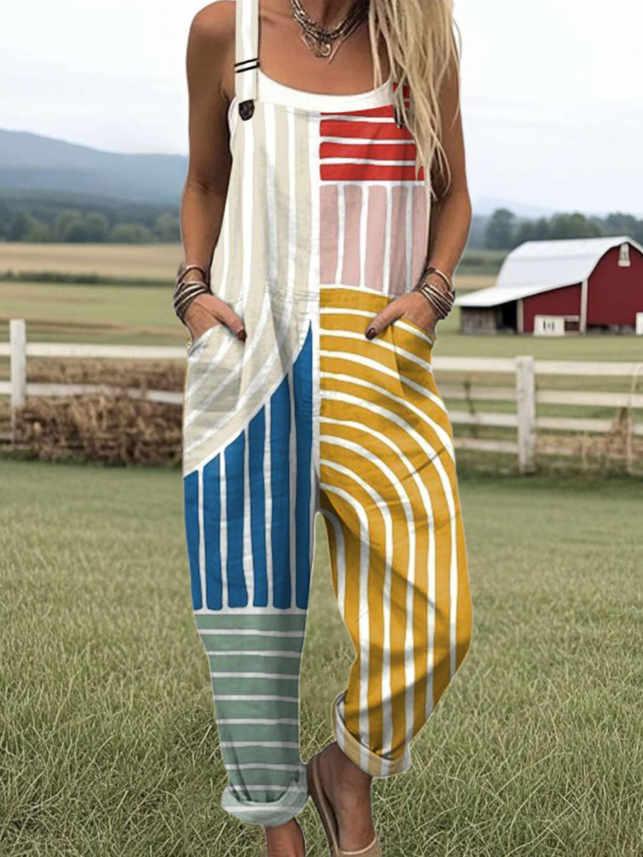 Women's Vintage Abstract Geometric Art Print Casual  Wide Leg Jumpsuit