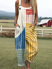 Women's Vintage Abstract Geometric Art Print Casual  Wide Leg Jumpsuit