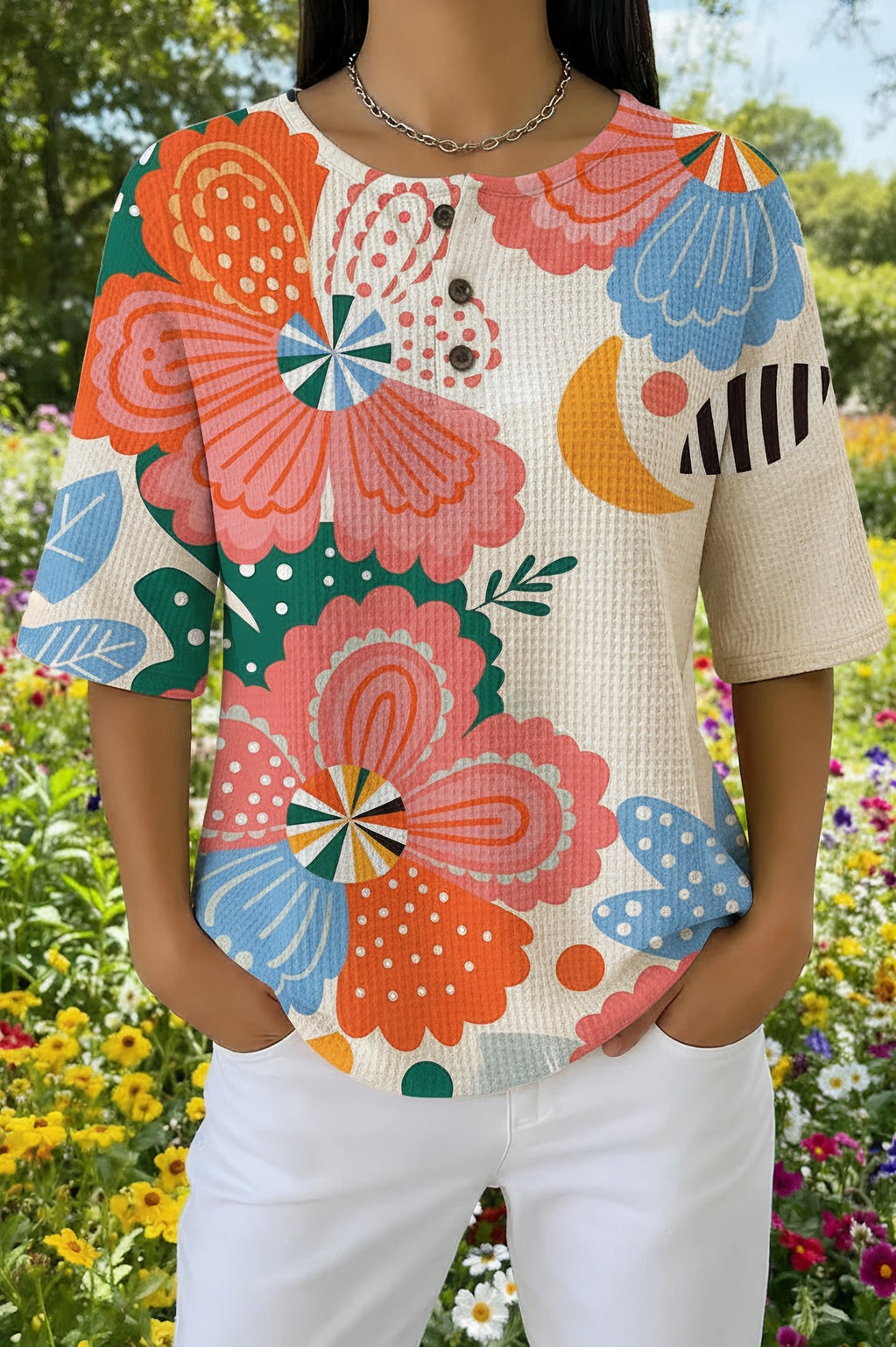 Womens Abstract Boho Floral Print Casual Waffle Cotton Shirt