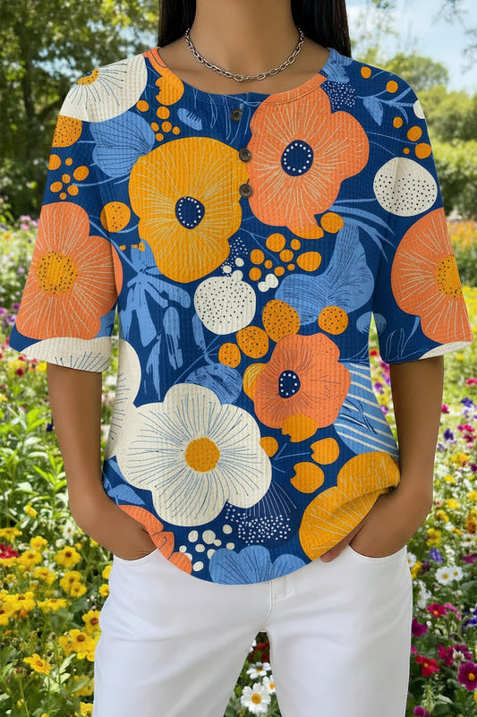 Womens Navy Bold Daisy Print Casual Waffle Cotton Shirt