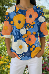 Womens Navy Bold Daisy Print Casual Waffle Cotton Shirt