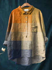 Women's Yellow Blue Art Mosaic Gradient Art Print Casual Cotton And Linen Shirt