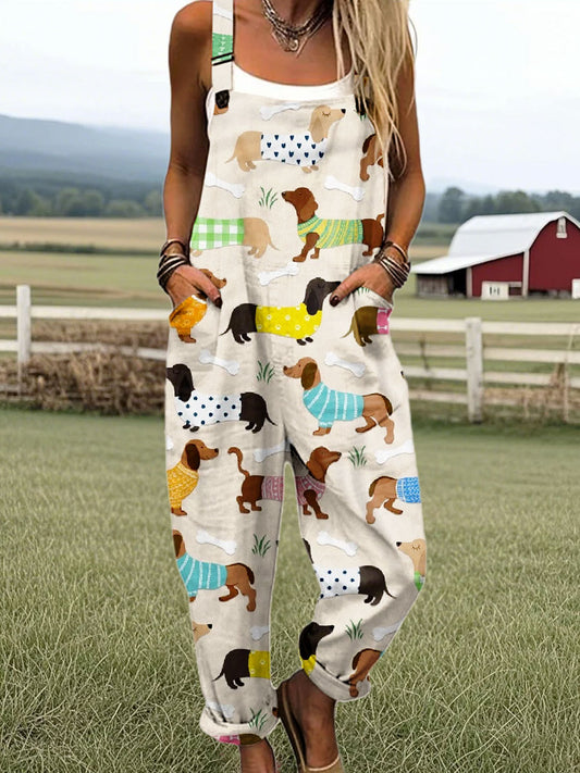 Women's Vintage Cute Dog Dachshund Art Print Casual Cotton Wide Leg Jumpsuit