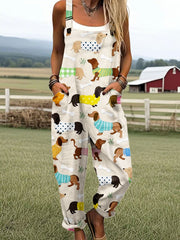 Women's Vintage Cute Dog Dachshund Art Print Casual Cotton Wide Leg Jumpsuit