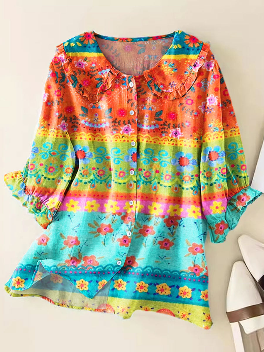 Women Vintage Floral Art Print Loose Peter Pan Collar Half Sleeve Blouses