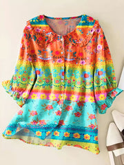 Women Vintage Floral Art Print Loose Peter Pan Collar Half Sleeve Blouses