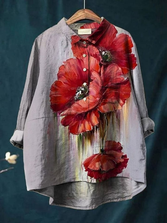 Women's Retro Floral Print Casual Cotton And Linen Shirt
