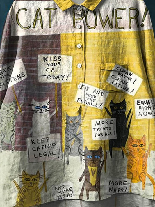 Vintage Funny Cats Art Print Casual Cotton And Linen Shirt