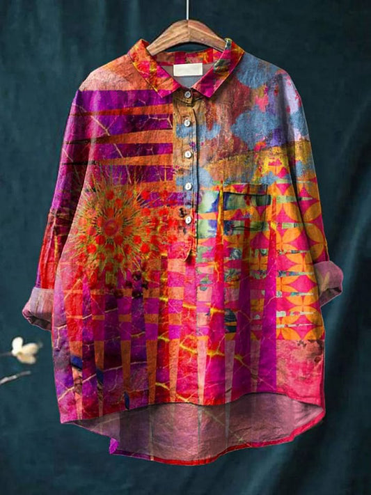 Colorful Geometric Pattern Printed Women's Casual Cotton And Linen Shirt