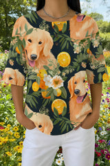 Womens Dark Green Dog Fruit Print Casual Waffle Cotton Shirt